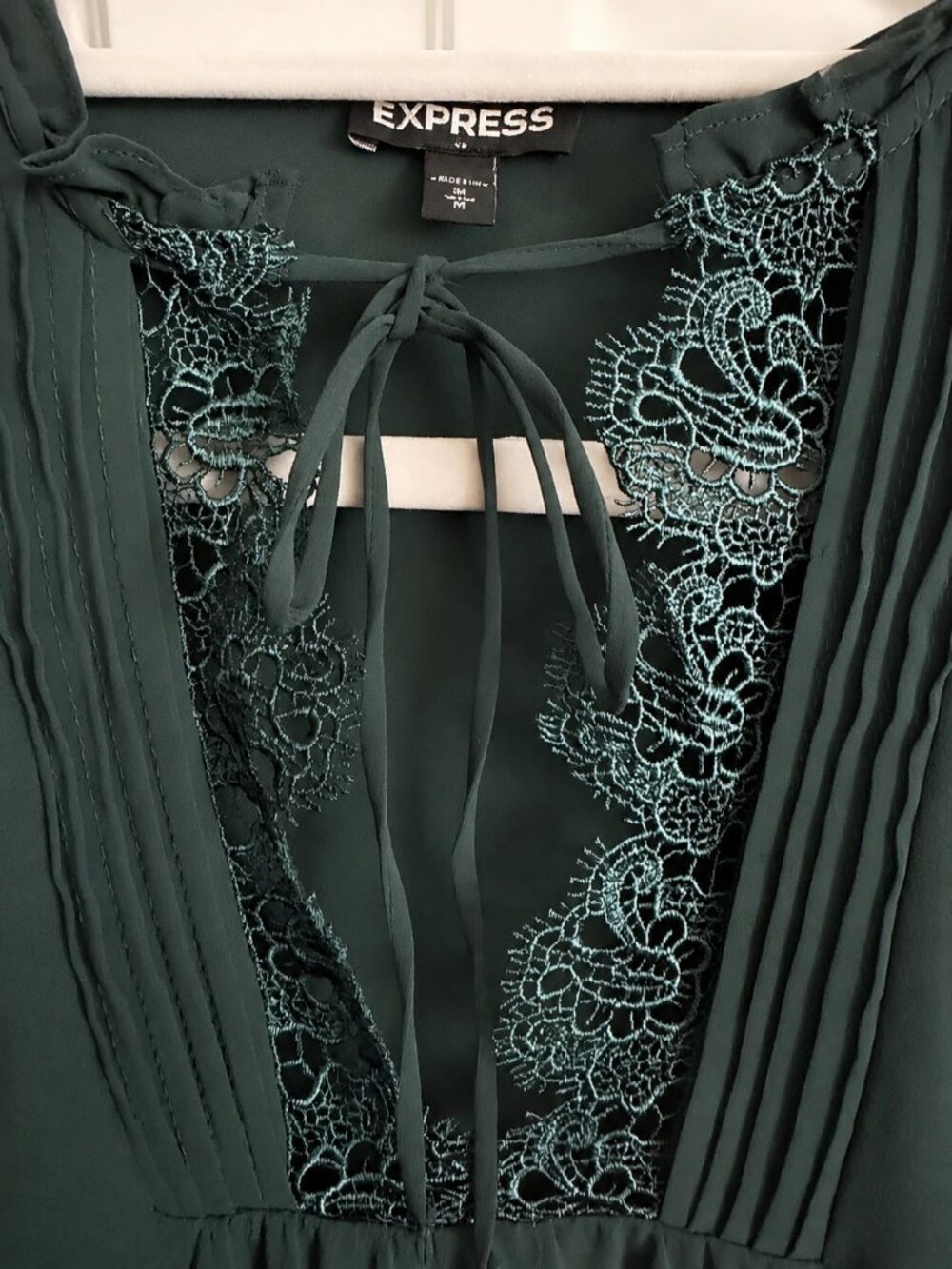 Express Forest Green Lace Trim Pleated Blouse Size M